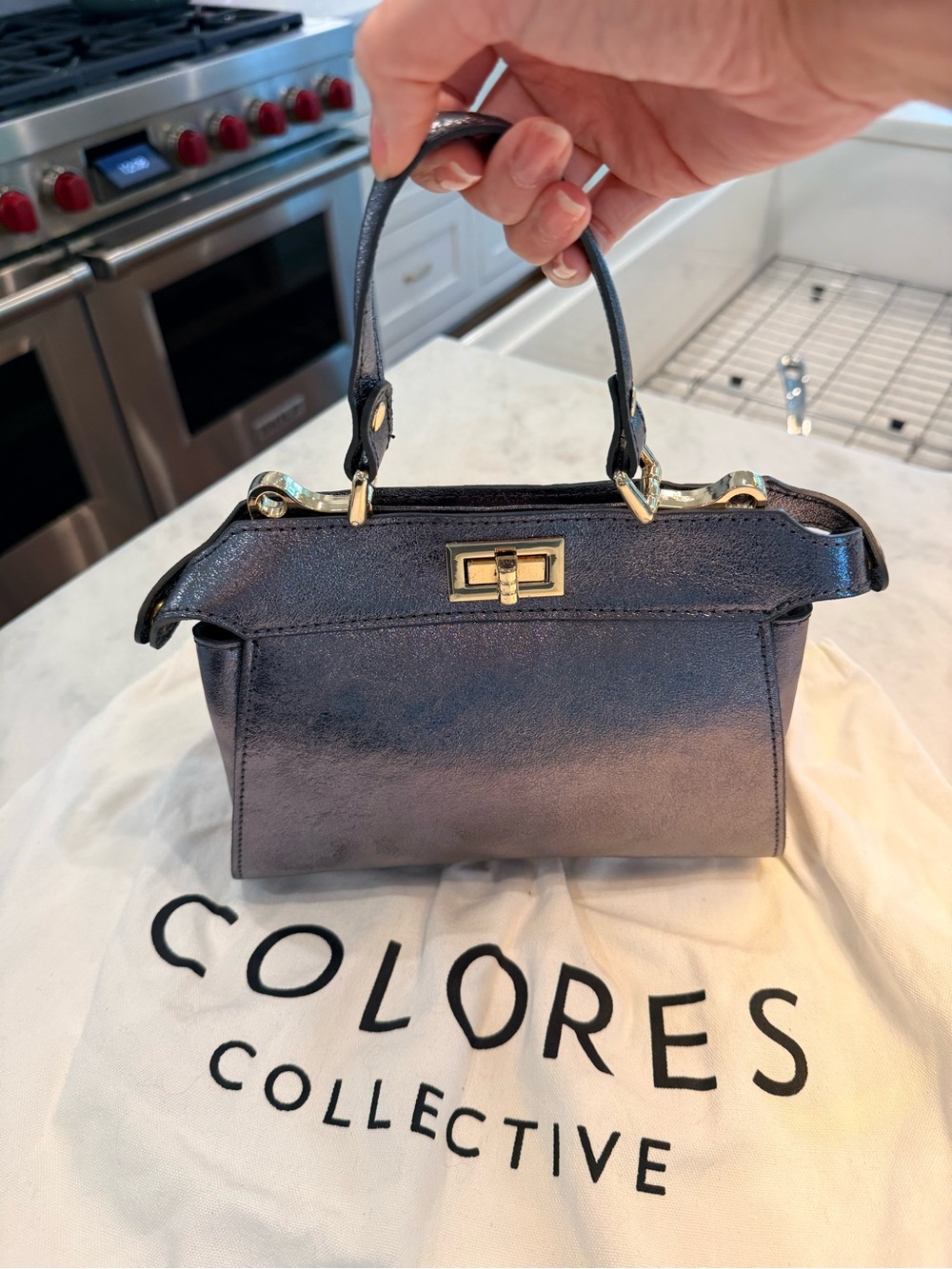 Metallic black/silver Top-Handle Mini Bag with long strap
